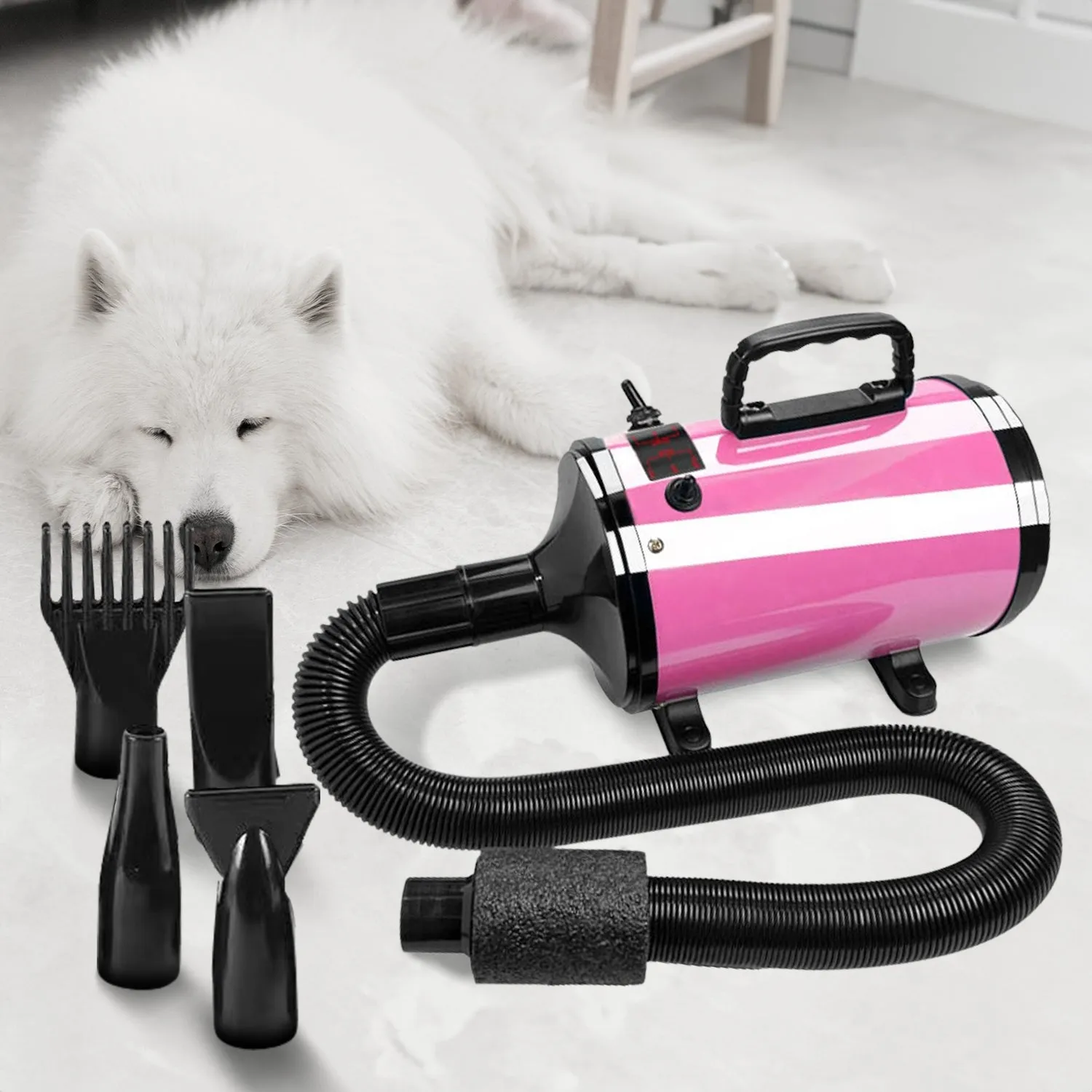 Adjustable Pet Hair Dryer, High Air Flow, Pink - FLOOFI