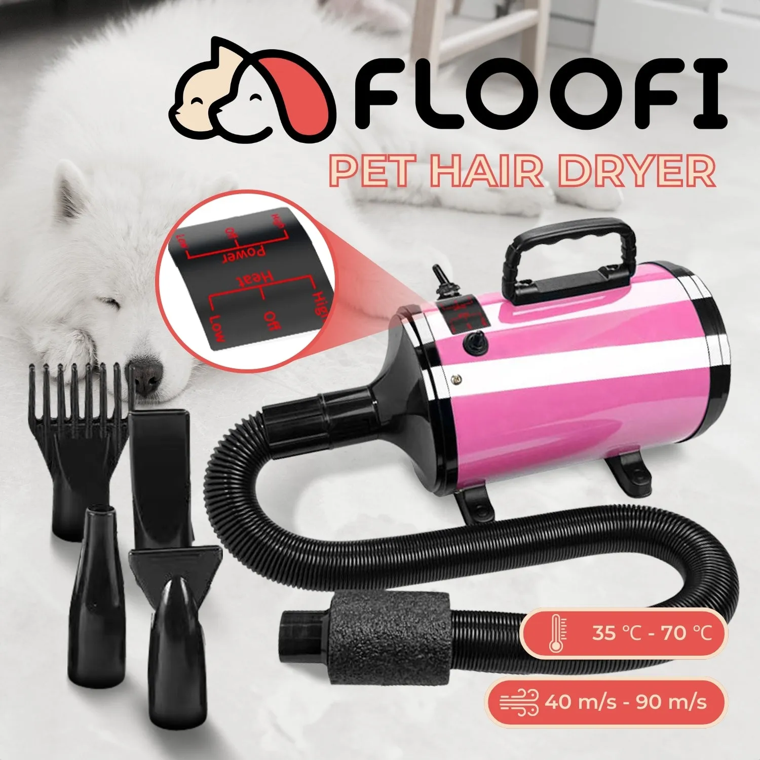 Adjustable Pet Hair Dryer, High Air Flow, Pink - FLOOFI