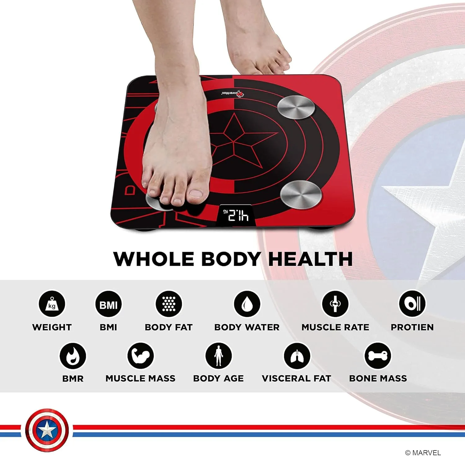 BCA-130 Marvel Edition Red Captain America Digital Weight Machine for Human Body - High Accuracy Bathroom Weighing Scale with Step-on Technology & Super Durable 6mm Tempered Glass