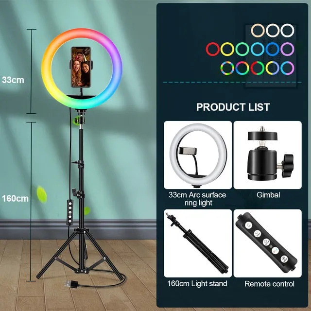 Colorful LED Ring Light with Tripod Stand and Phone Clip