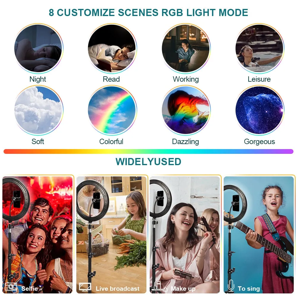 Colorful LED Ring Light with Tripod Stand and Phone Clip