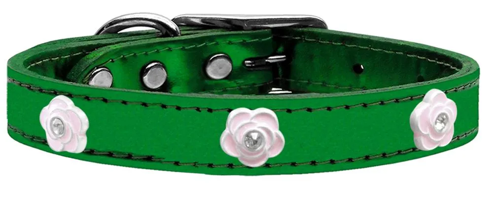 Light Pink Rose Widget Genuine Metallic Leather Dog Collar Emerald Green 12